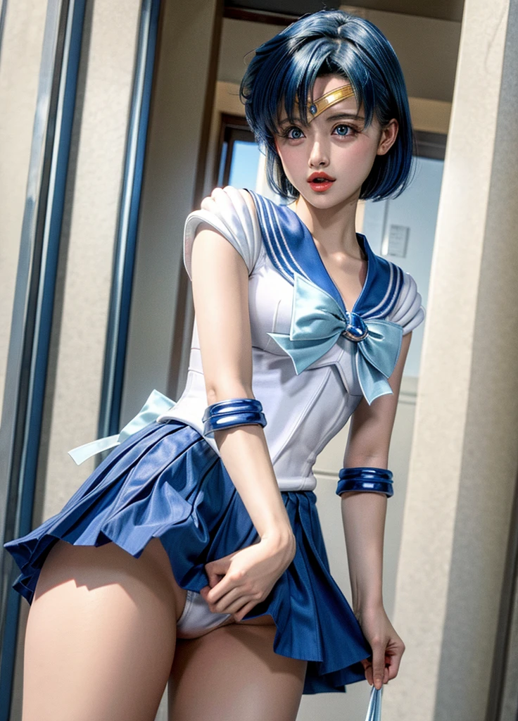 (bestquality:1.4), highres, masterpiece, 10, ultra-detail, intricate detailed,1girls,Sailor Mercury.Lifting skirt, white panties