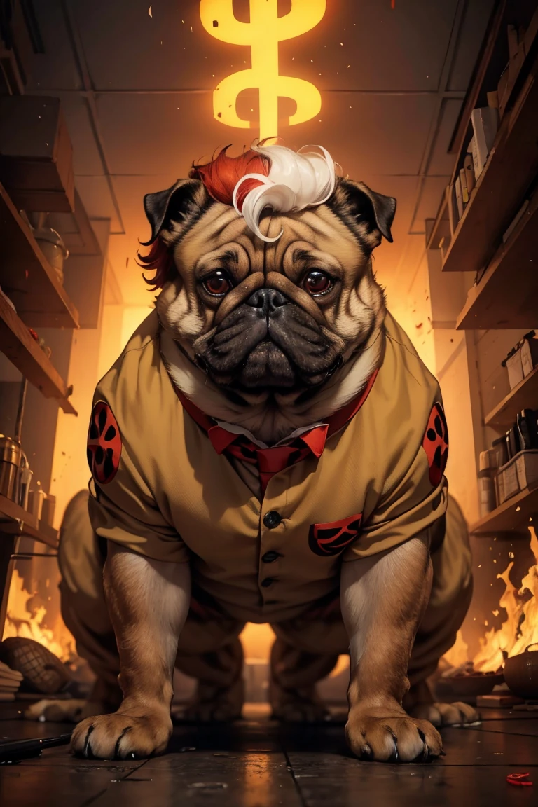 angry red Pug with fiery hair on its head, symbolizing its intense emotions. The Pug is dressed in a beige shirt and a white tie with red dots, giving it a unique and humorous appearance. It sits with its paws on the ground, showcasing its entire body. The background is a warm, golden tone, contrasting with the Pug's fiery hair, creating a vivid and dramatic scene., photo, cinematic
