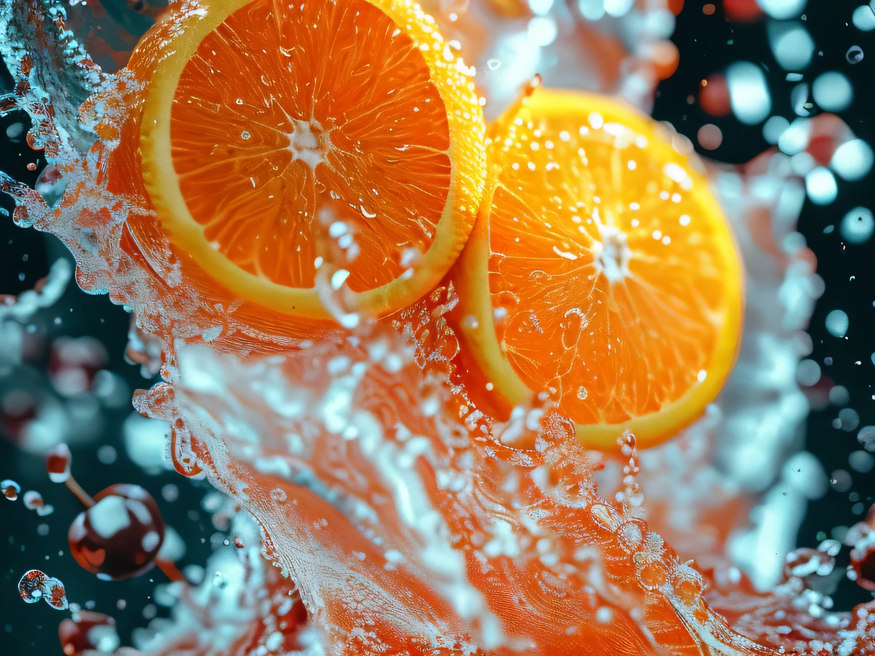 Real photography of 3 oranges falling into water and splashing with water droplets. Commercial advertising style, macro shot, background, warm lighting, cool colors creating splash effect. The cherry is dotted with white light spots, and the cherry falls from above, forming a splashing liquid water ball. HD photography quality.