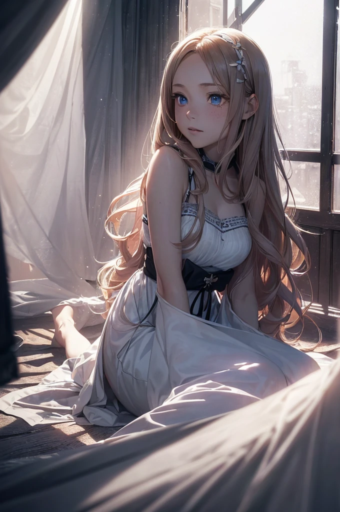 ((1 Female, 1 person, Solitary) Alice, Humanity, Long curly blond hair, blue eyes, freckle, ager, 18 years, Rebirth_ongoing) (Main Part, Super detailed, 8K, (HD, Sunlight:0.5, Soft_shadow:0.5, atmosphere_light, 8K, 4K, Surrealism, elegant, ((((Appearance)))), Soft Ton, 柔和的light))(((Dark, Chiaroscuro)))