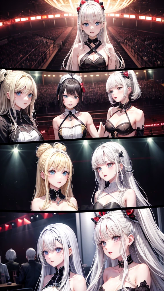 The idol group has 4 members: 1 white-haired, 1 black-haired, 2 blonde-haired, 1 red-haired.