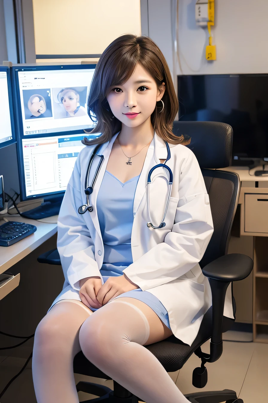 young woman、 、Light brown hair、（Full body photo）、Necklace around the neck、White、Doctor's attire、Knee-length skirt、tights、pumps、（Full body photo）Stethoscope、、short hair、Wavy Hair、sit in a chair in the operating room、Intricate details, Very detailed:1.2), 、（Full body photo） Looking into the camera,The background is the operating room...、ear piercing
