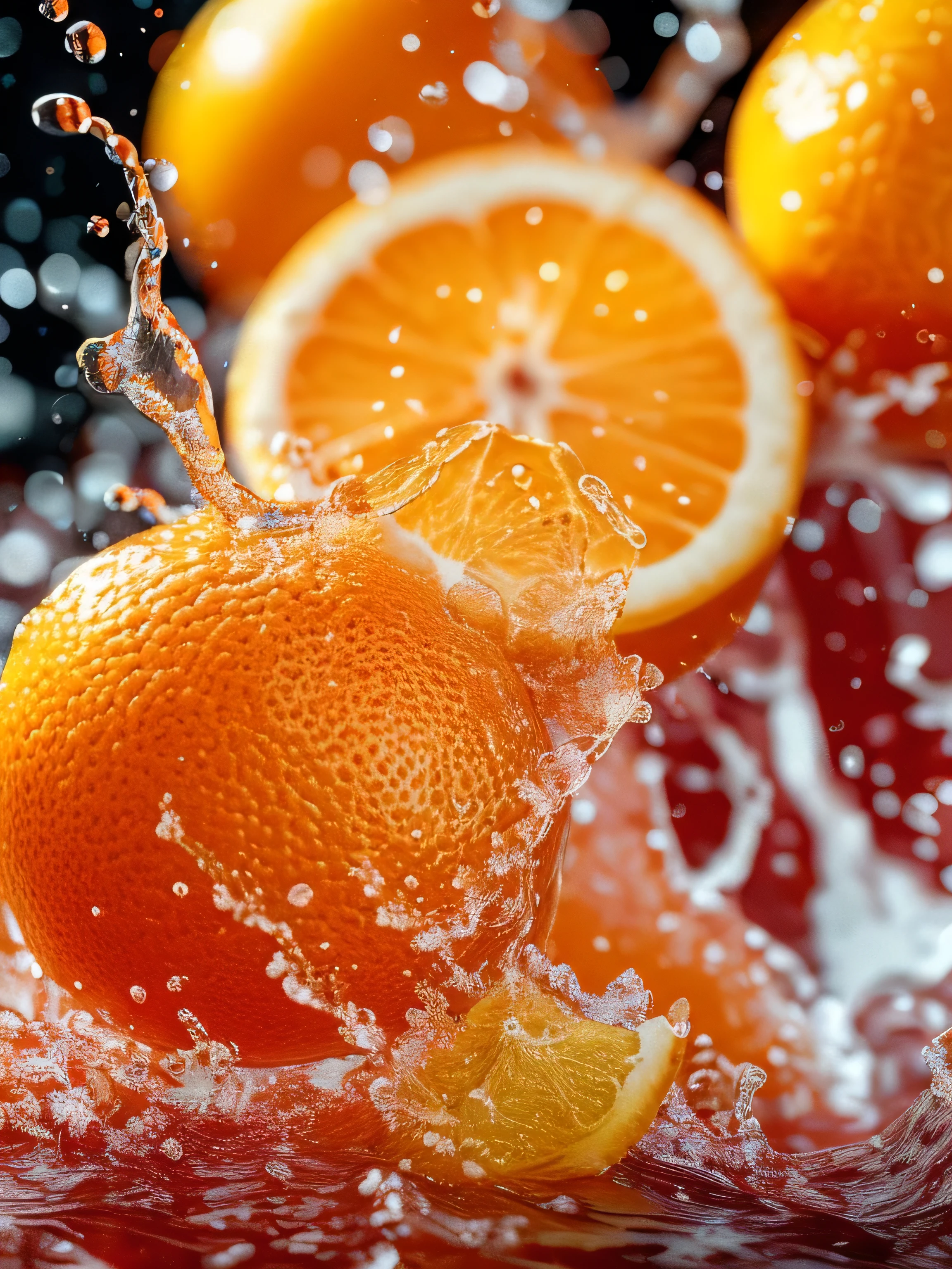 Real photography of 3 oranges falling into water and splashing with water droplets. Commercial advertising style, macro shot, background, warm lighting, cool colors creating splash effect. The cherry is dotted with white light spots, and the cherry falls from above, forming a splashing liquid water ball. HD photography quality.