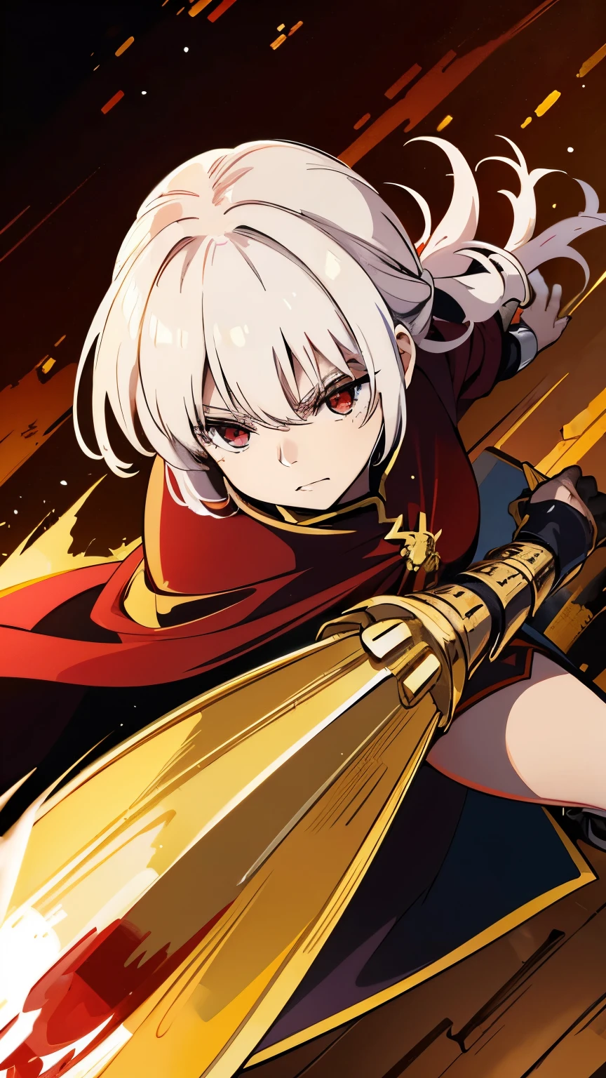 A warrior in an attack position, white  hair, a big spear, a shield, a gold and black armor with blood, wering a red cape, a gold and red valkyrie helmet covering the eyes, in a war with an army in the background