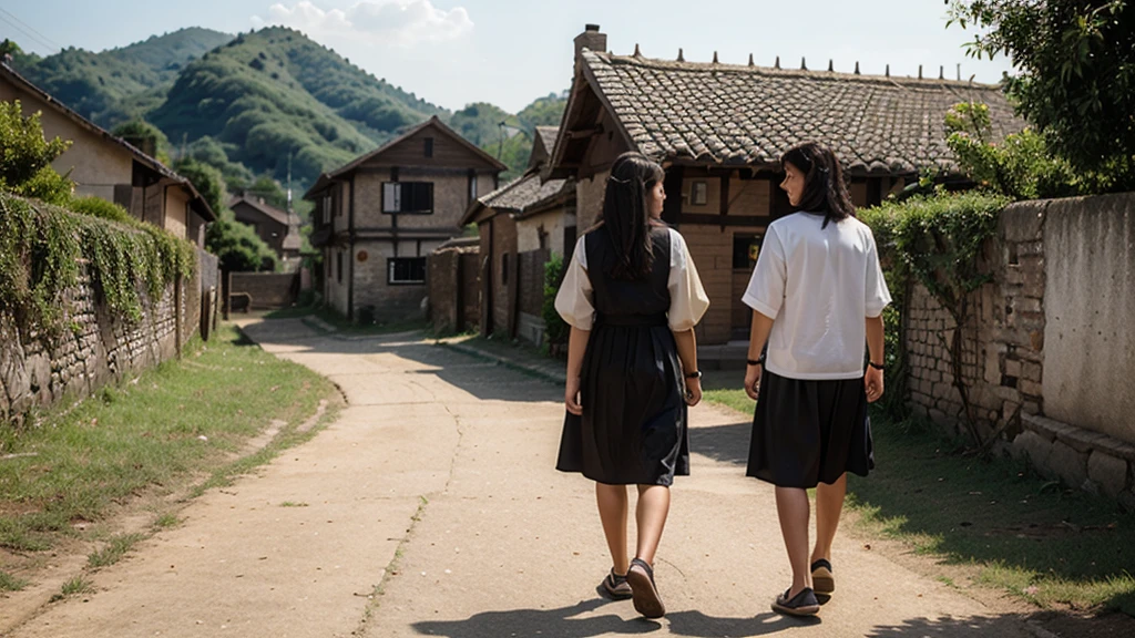 Two friends, with real village look background