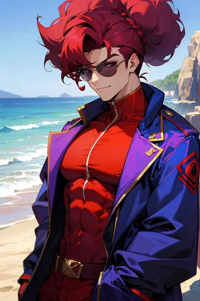 Dark crimson Hair, shades,, Muscular, big afro hair, purple gem on chest, blue and red outfit, smirk, beach background, young. male, upper body, blue jacket, lean build, hair tied in a bun, arms in pockets