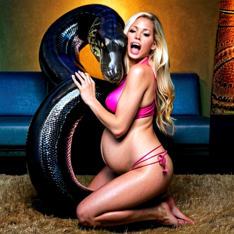 Pregnant Topless pink bikini wearing Happy Horny, aroused 1girl), beautiful kneeling blonde young girl with giant colossal black titanboa squeezing her hard, wrapped in thick spiraling coils, constricted, struggle, gasping for air, snake attack, snake peril, moonless night, dim light