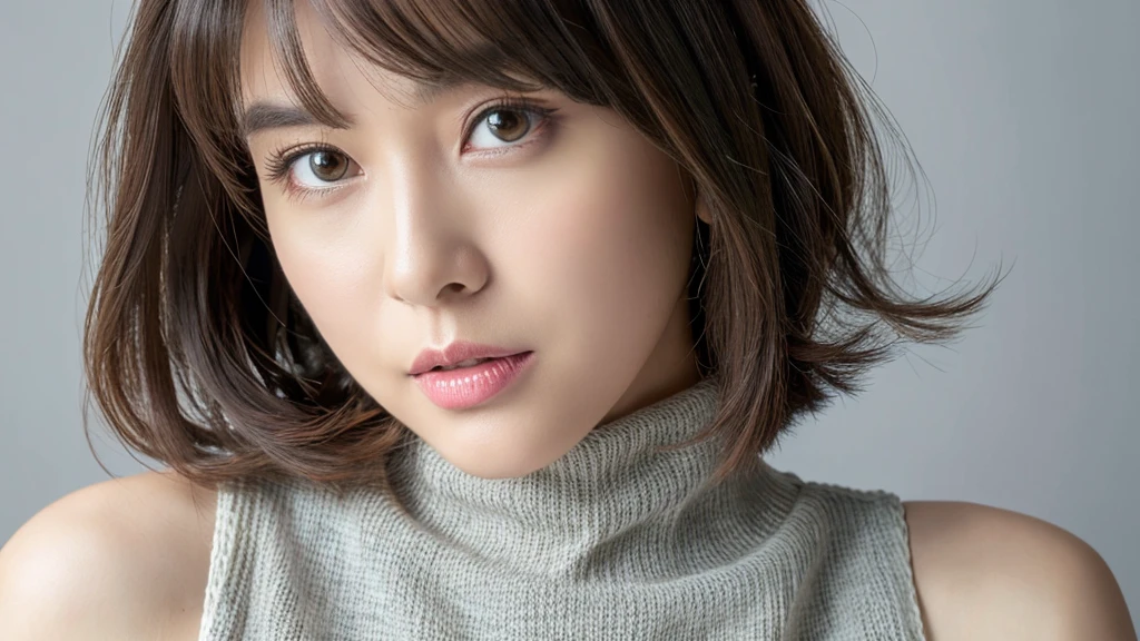 (detailed face),VIVID,normal breasts,pretty,sleeveless and turtle neck white silky Knitted clothes,4k ,super high resolution ,(photo-realistic: 1.7),gray background,bob hair,bangs,