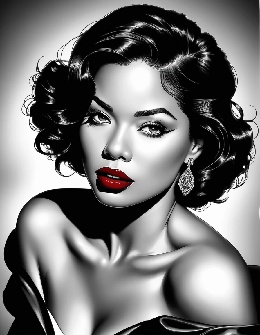 female, fancy, Beauthfull, in the style of noir comic art, Realistic, hyper-detailed portraits, Black and White Grayscale, Chicana art, dark cherry red lipstick, realistic but romantic, fluid lines --ar 23:36 --style 750