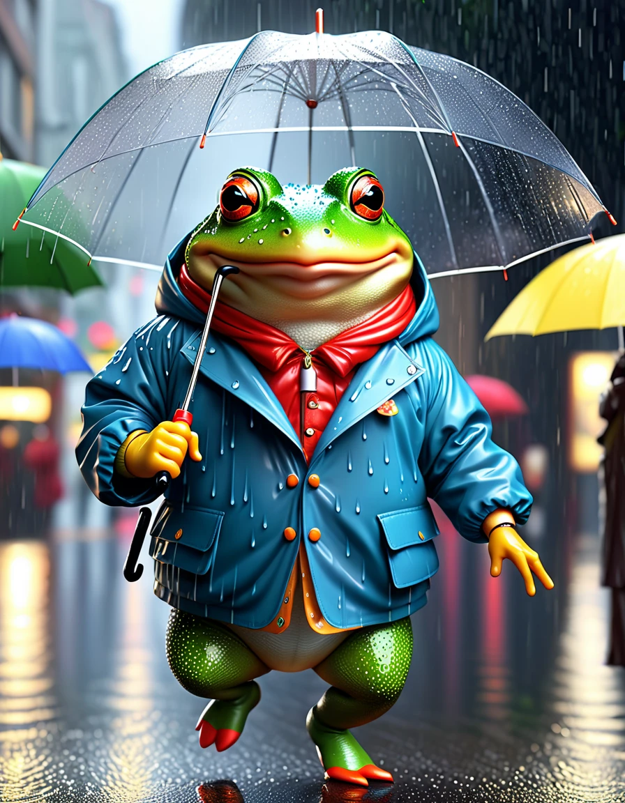photorealistic portrait of Dressed animals - a ((fat)) ((toad)) dancer,(holding umbrella:2.0), (dynamic dancing:2.0), (jumping in rain :2.0),(happy smile:1.5),high quality,(happy),(lovely) ,intricate details, (heavy rain makes her wet), highly detailed (( hoody rain coat)) ,highly detailed umbrella, Wearing rain coat, , (happy), soft lighting,(full body image:1.5),rainy street background,(viewed from below:2.0),