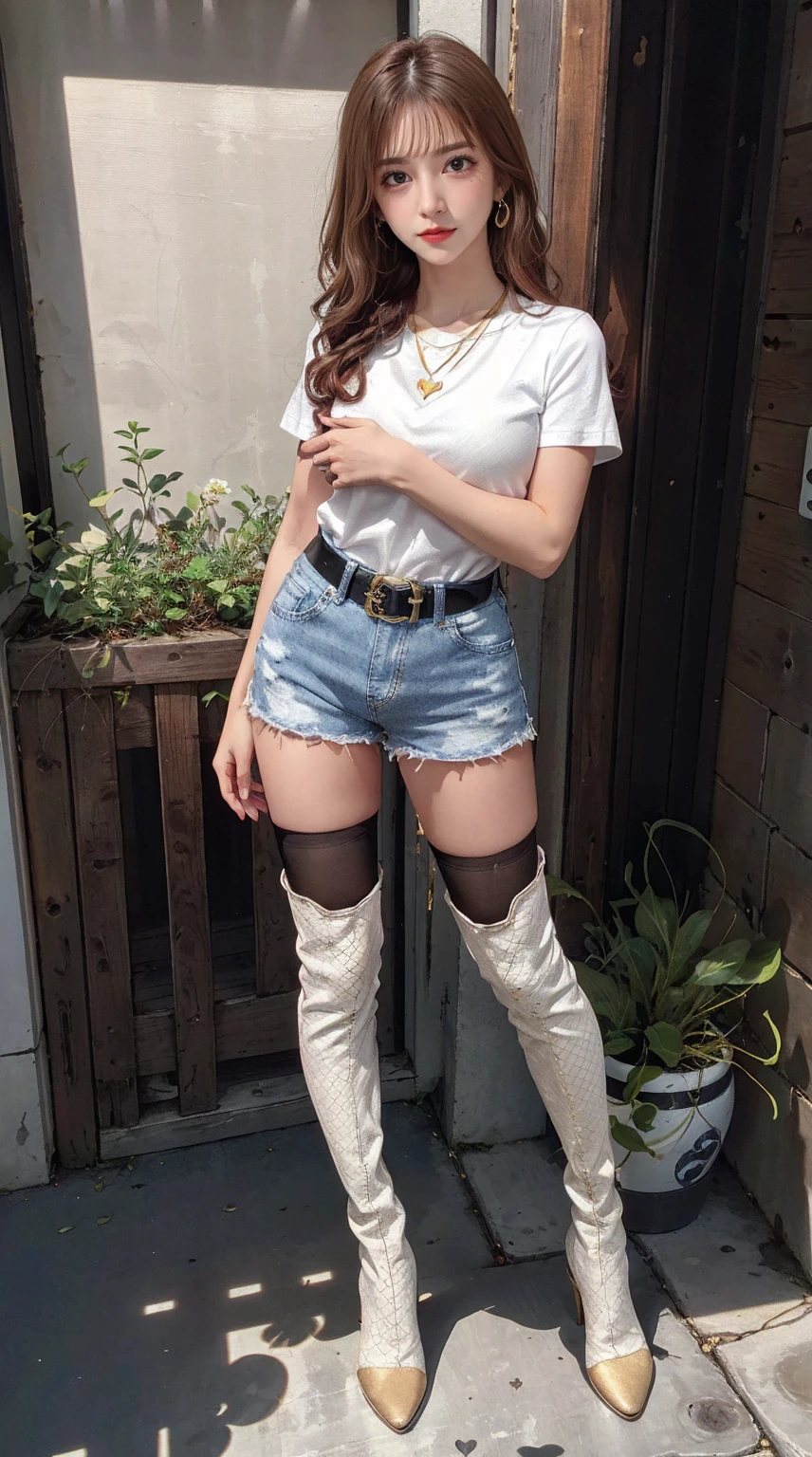 masterpiece, best quality, 4K, ultra-detailed, photorealistic, (1 girl), (full body), (A fascinating eye for perfect detail:1.2), (smile), (medium brown hair), (heart necklace), (medium breasts), (gold heart earrings), (white lace shirt), (white denim shorts), (fishnet pantyhose), (black thigh boots), (black belt with gold buckle), (facing viewer), cityscape