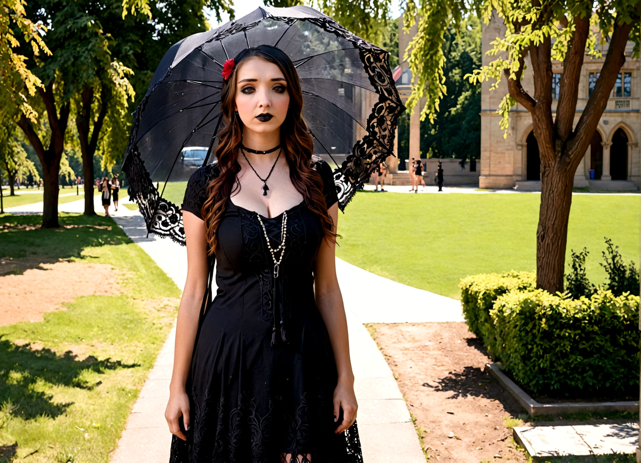 A sad woman (black umbrella, sheer black summer dress lots of black lace and embroidery, goth make up), sunny day, busy college campus