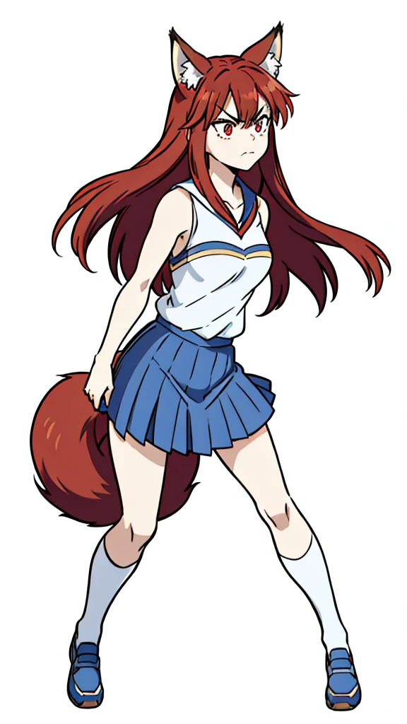 1girl ,20s,angry face,red hair,long hair,fox ears,(white background, line drawing),HaruCheerUniform, blue skirt
