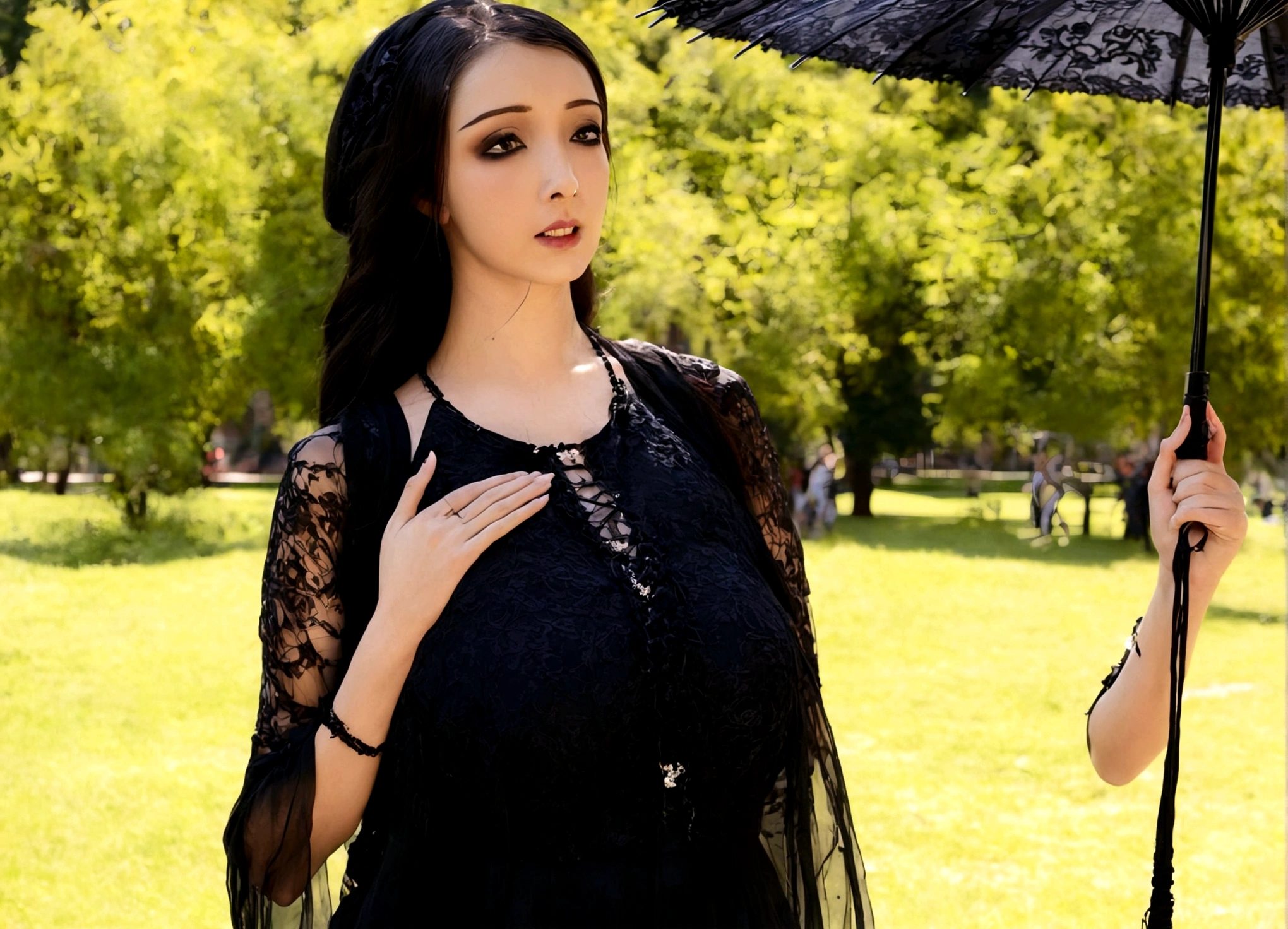 A sad woman (black umbrella, sheer black summer dress lots of black lace and embroidery, goth make up), sunny day, busy college campus