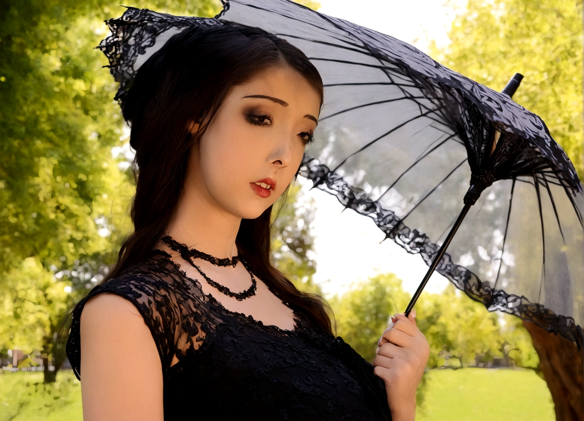A sad woman (black umbrella, sheer black summer dress lots of black lace and embroidery, goth make up), sunny day, busy college campus
