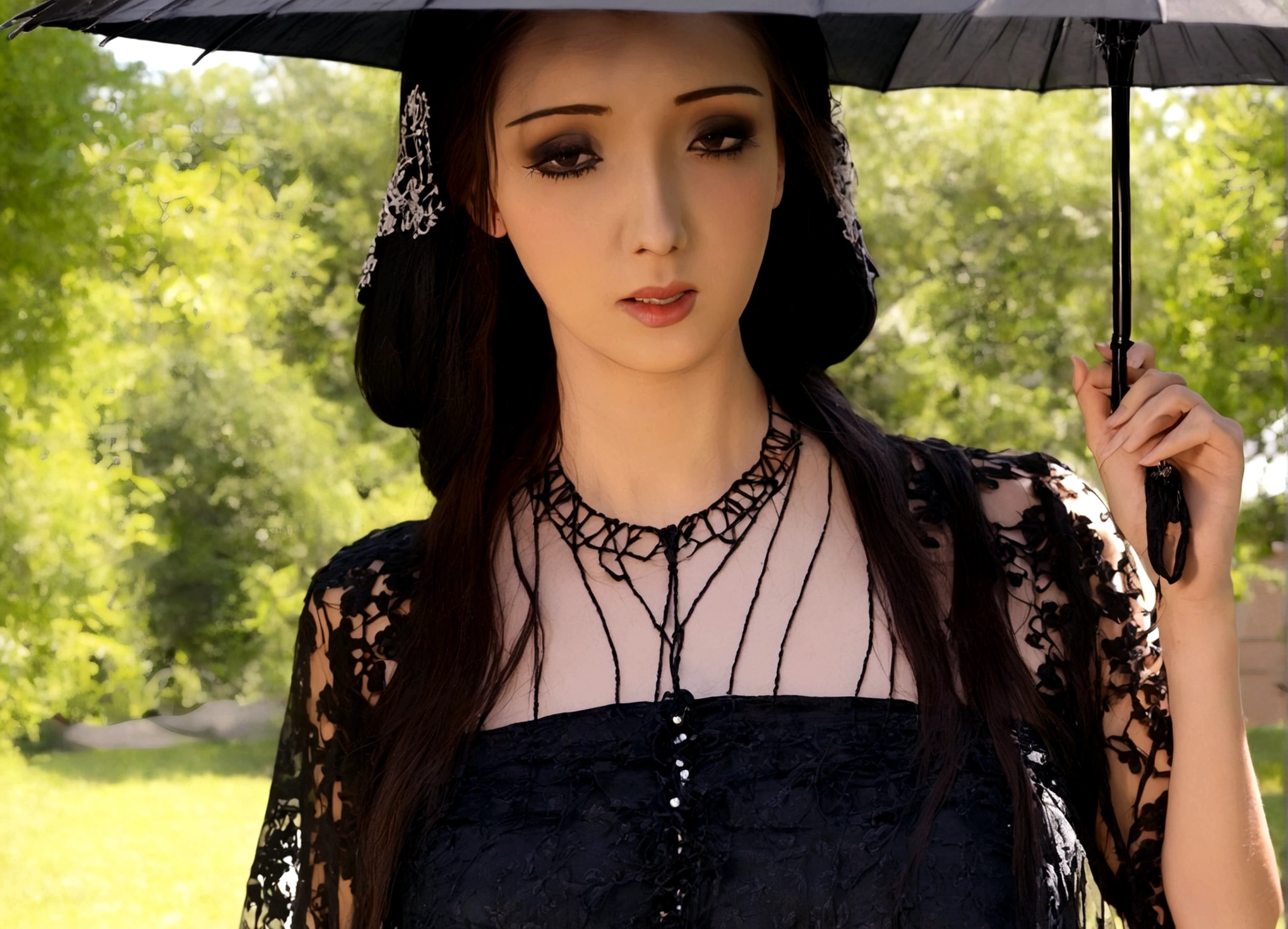 A sad woman (black umbrella, sheer black summer dress lots of black lace and embroidery, goth make up), sunny day, busy college campus
