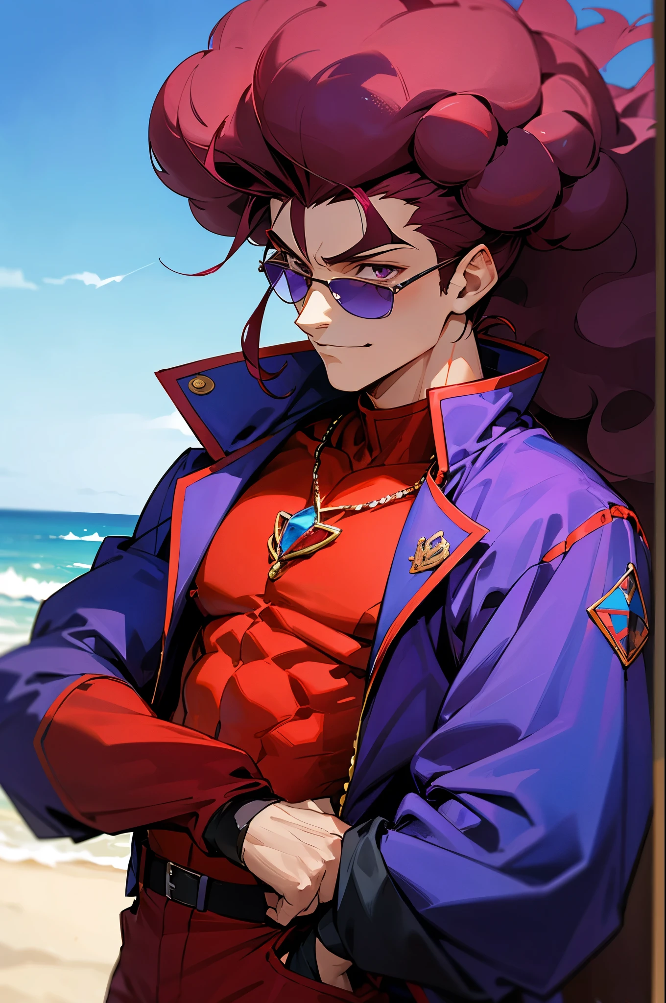 Dark crimson Hair, shades,, Muscular, big afro hair, purple gem on chest, blue and red outfit, smirk, beach background, young. male, upper body, blue jacket, lean build, hair tied in a bun, arms in pockets