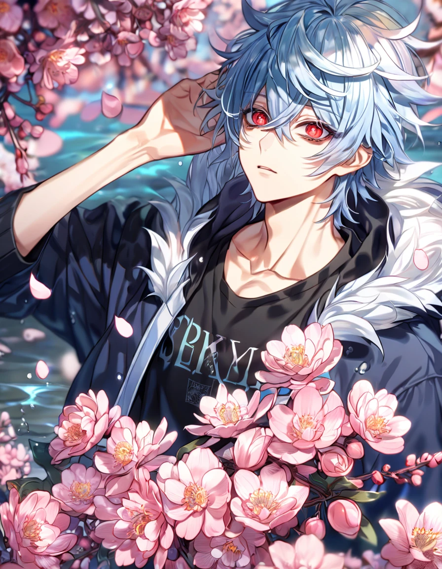 Ultra detailed, highres, absurdres, HDR, master piece, Kuro, messy hair, light blue hair, expressive red eyes, black bags under the eyes, Servamp, fantasy, pink petals, water, pink flowers, handsome, sexy man, solo, best quality, blossoms, blue shining fireflies, black shirt, a hooded light blue jacket with fur, the word "KROZSERIA" is written on his shirt