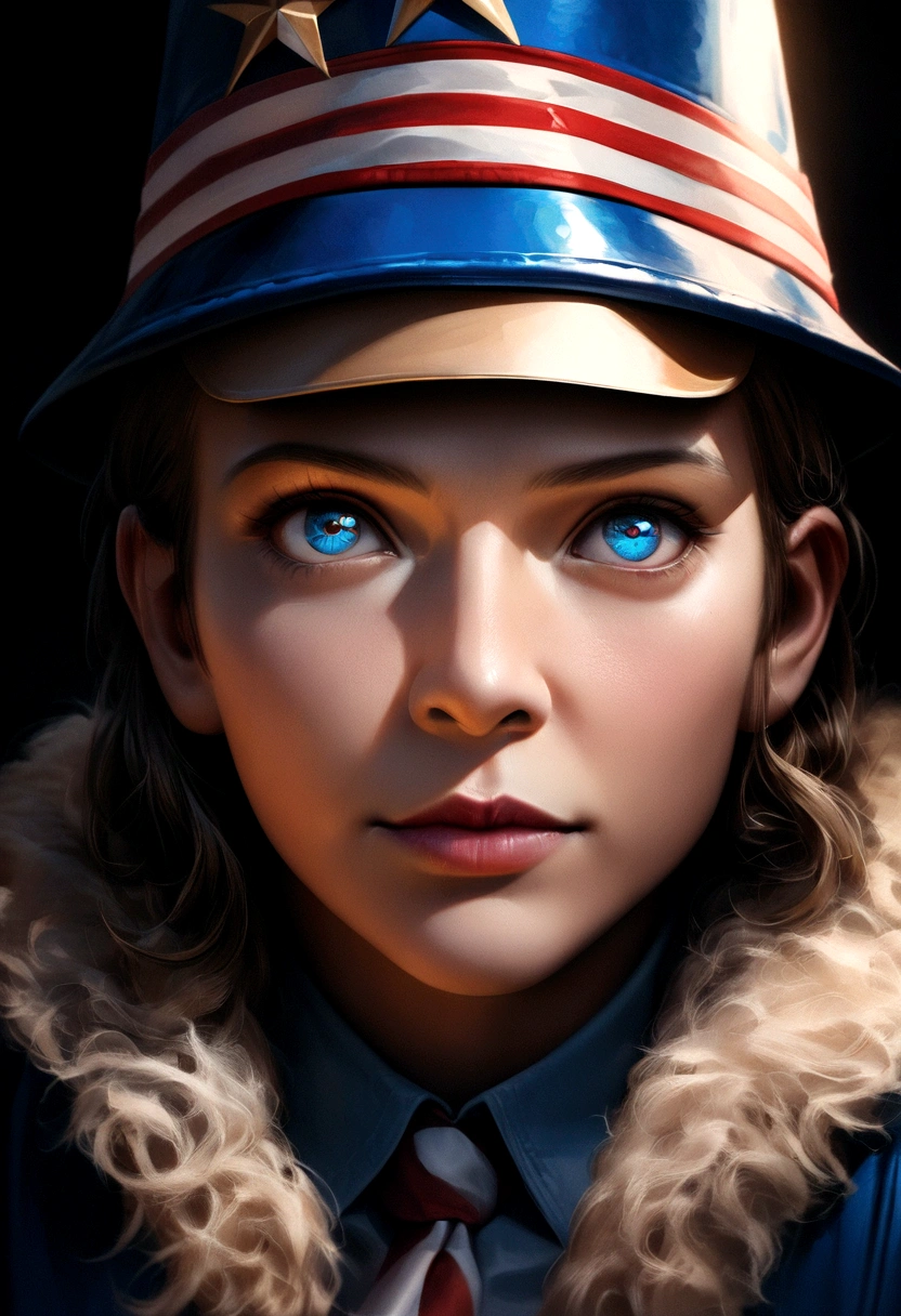 analog style, fur details, high skin detailed texture, ((photorrealistic), Film grain), 8k hdr, ultra realistic, Film photography, gldot, movie poster, action scene, Gal Gadot as Uncle Sam, (skin detailed,detailedeyes:1.3), uncle sam hat in blue, white and red, Uncle Sam suit in blue, white and red, work of art, concentrated , ambient light, Bright color of the field, hight contrast, hyper realism, intricate detailed photorrealistic, portrait photography, trending, rewarded photography, bright coloured, ultra HD, hd shot, dramatic composition, swirly vibrant colors, sharp details,