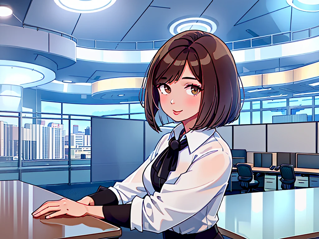 news studio, (((no facele office lady))), brown hair, bob cut, upper body, leading news, small wipe of park, detailed news program, ((from front)), [pixel art]