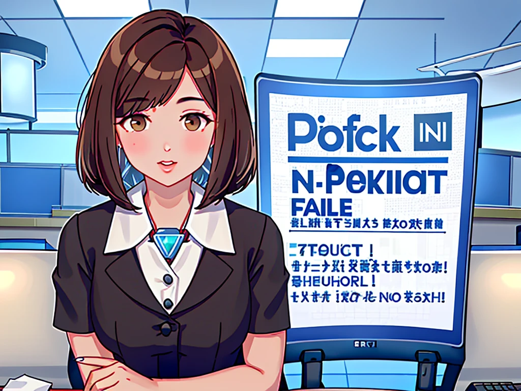 news studio, (((no facele office lady))), brown hair, bob cut, upper body, leading news, small wipe of park, detailed news program, ((from front)), [pixel art]