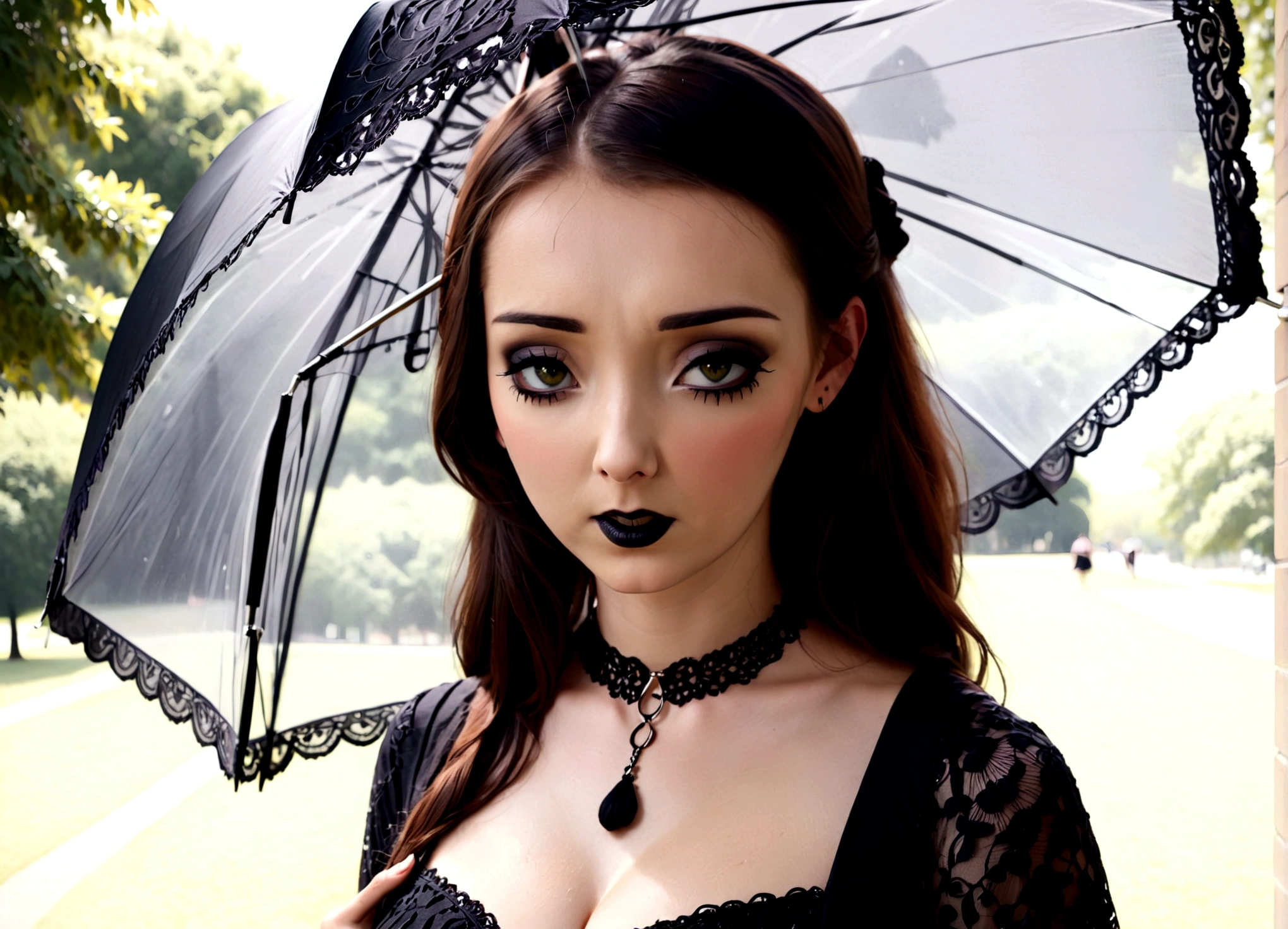 A sad woman (black umbrella, sheer black summer dress lots of black lace and embroidery, goth make up), sunny day, busy college campus