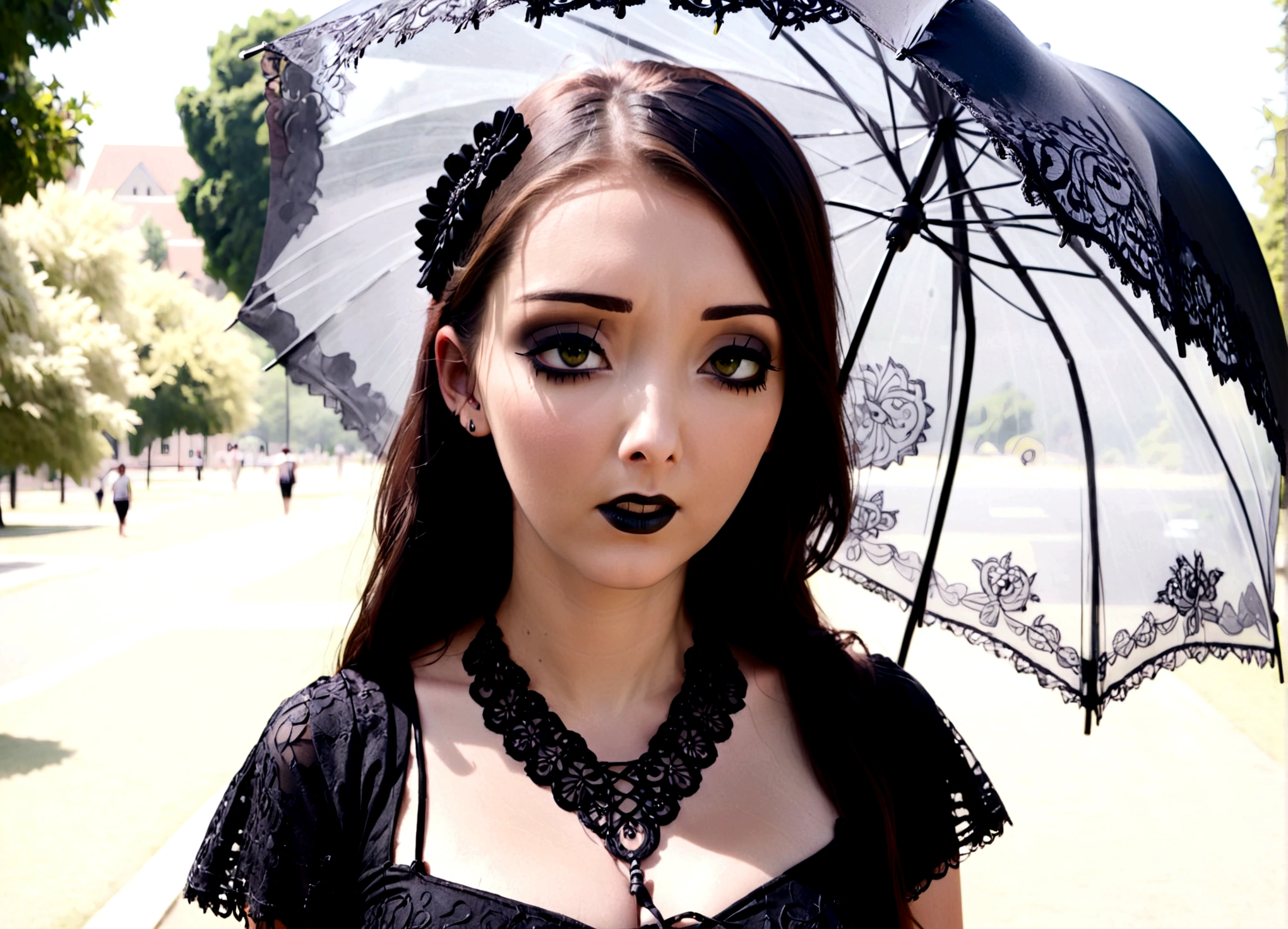 A sad woman (black umbrella, sheer black summer dress lots of black lace and embroidery, goth make up), sunny day, busy college campus
