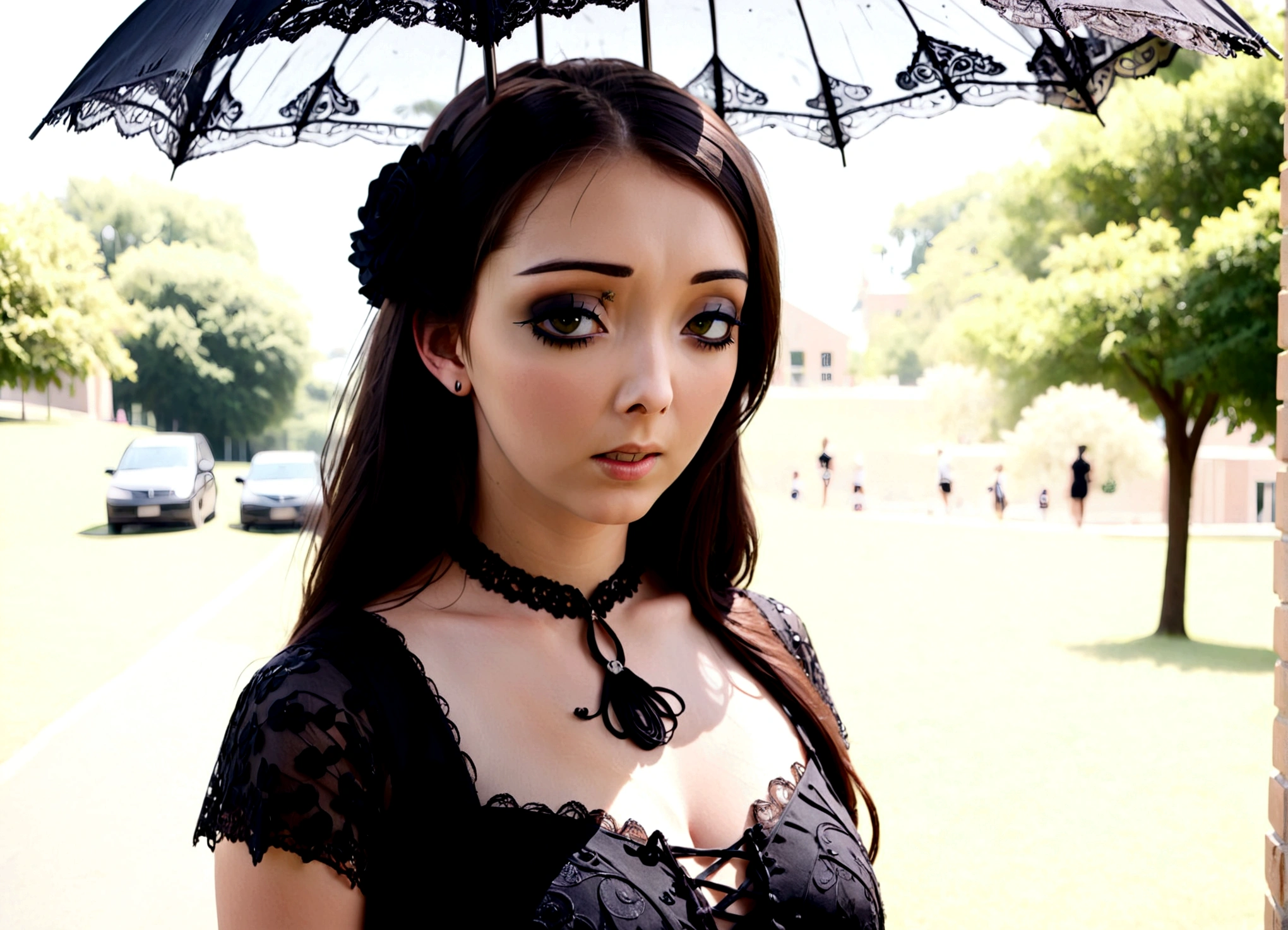 A sad woman (black umbrella, sheer black summer dress lots of black lace and embroidery, goth make up), sunny day, busy college campus
