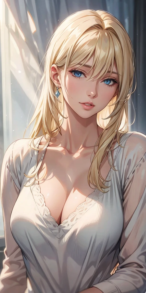 Realistic, Elegant mature woman, blonde hair, blue eyes, soft light, 4k resolution, high quality
