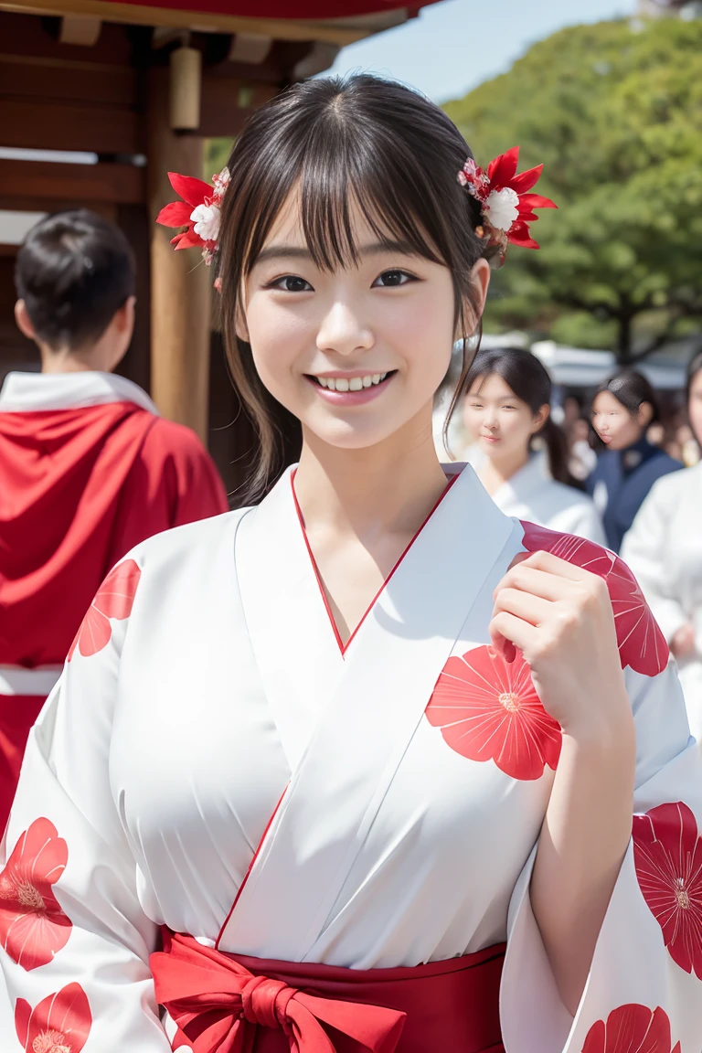 (Highest quality、In 8K、Masseter muscle area、Delicate illustrations)、Beautiful Japanese Shrine Maiden(A kind smile)、(Plump body 1.1)、((White kimono and red hakama)1.1)、Japanese shrines are crowded with people during the New Year.々Bustling with、