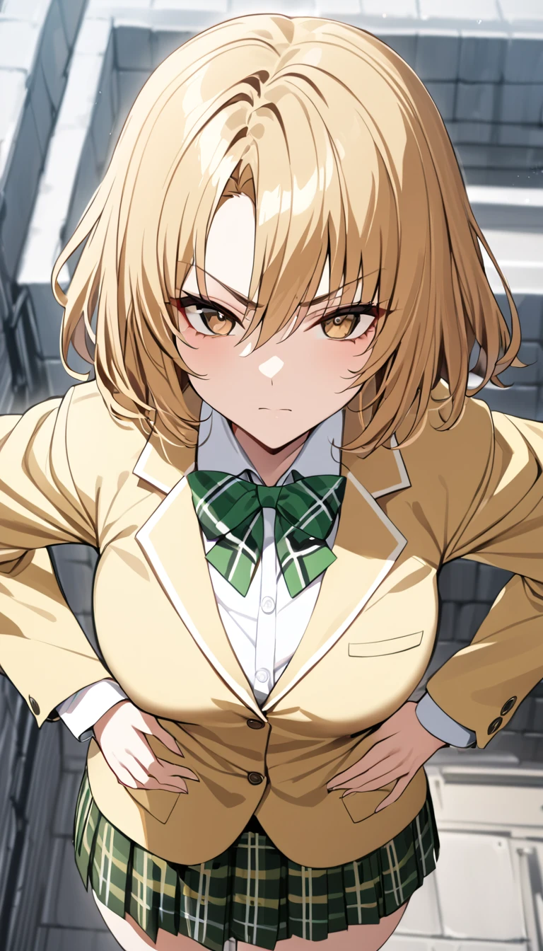 masterpiece, best quality, highres, 1girl, solo, blonde medium hair, brown eyes, , green bowtie, blazer, yellow jacket, long sleeves, plaid skirt, green skirt, standing, put hands on hip,from above,cowboy shot,on roof top, serious face