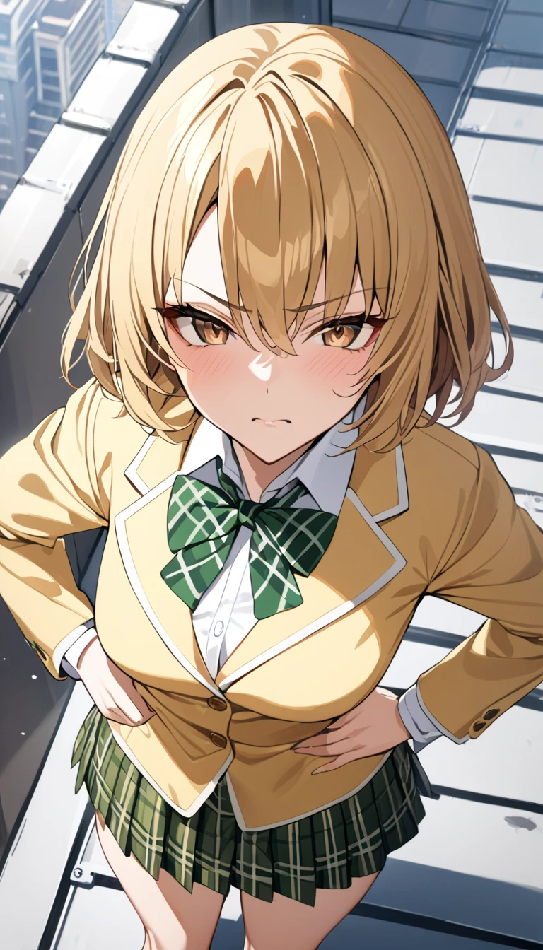 masterpiece, best quality, highres, 1girl, solo, blonde medium hair, brown eyes, , green bowtie, blazer, yellow jacket, long sleeves, plaid skirt, green skirt, standing, put hands on hip,from above,cowboy shot,on roof top, serious face