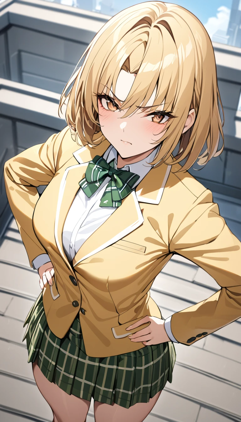 masterpiece, best quality, highres, 1girl, solo, blonde medium hair, brown eyes, , green bowtie, blazer, yellow jacket, long sleeves, plaid skirt, green skirt, standing, put hands on hip,from above,cowboy shot,on roof top, serious face