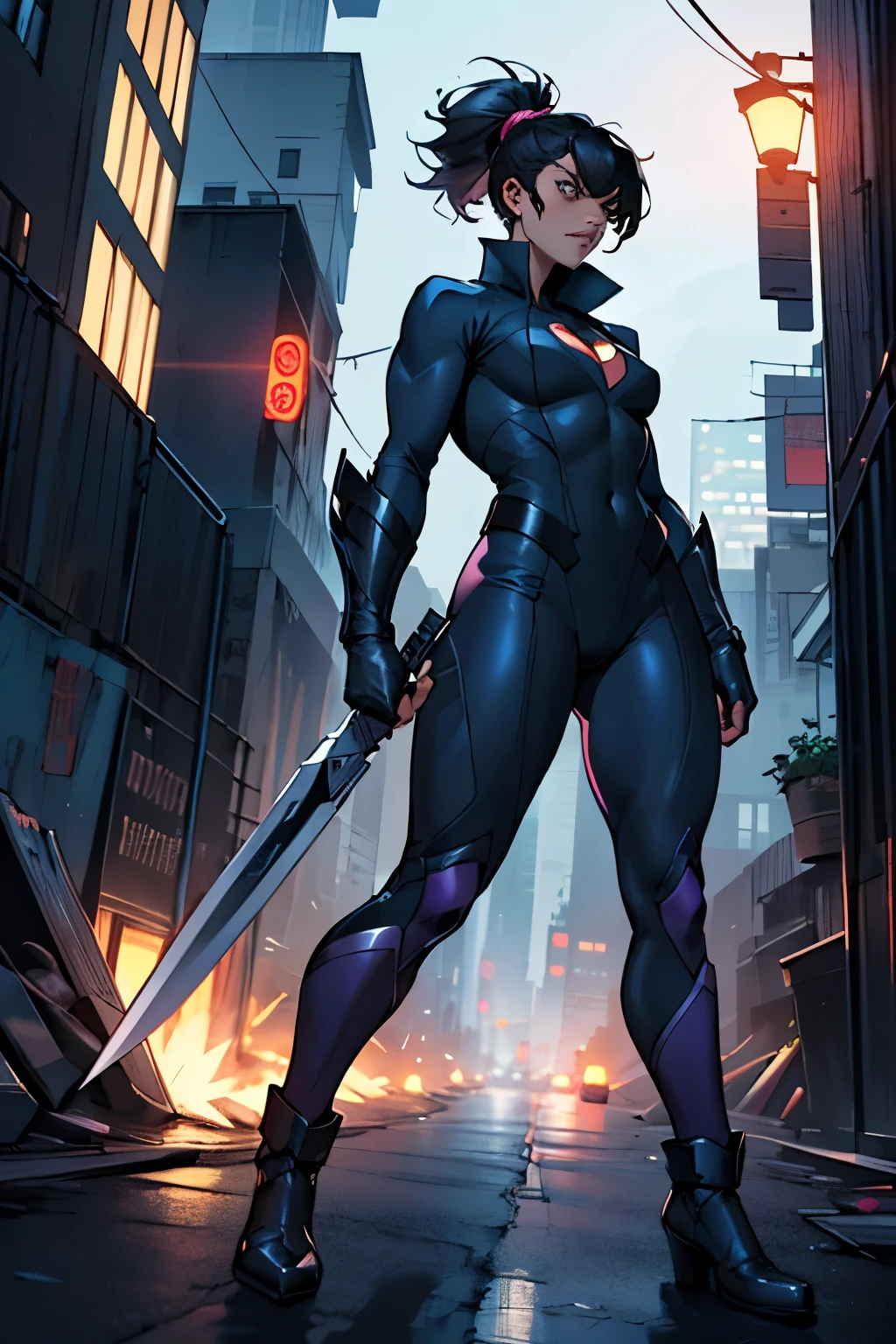 create a superheroine(Women) named shadow blade who is a gotham city vigilante who has a dark purple suit and black. let it be at night