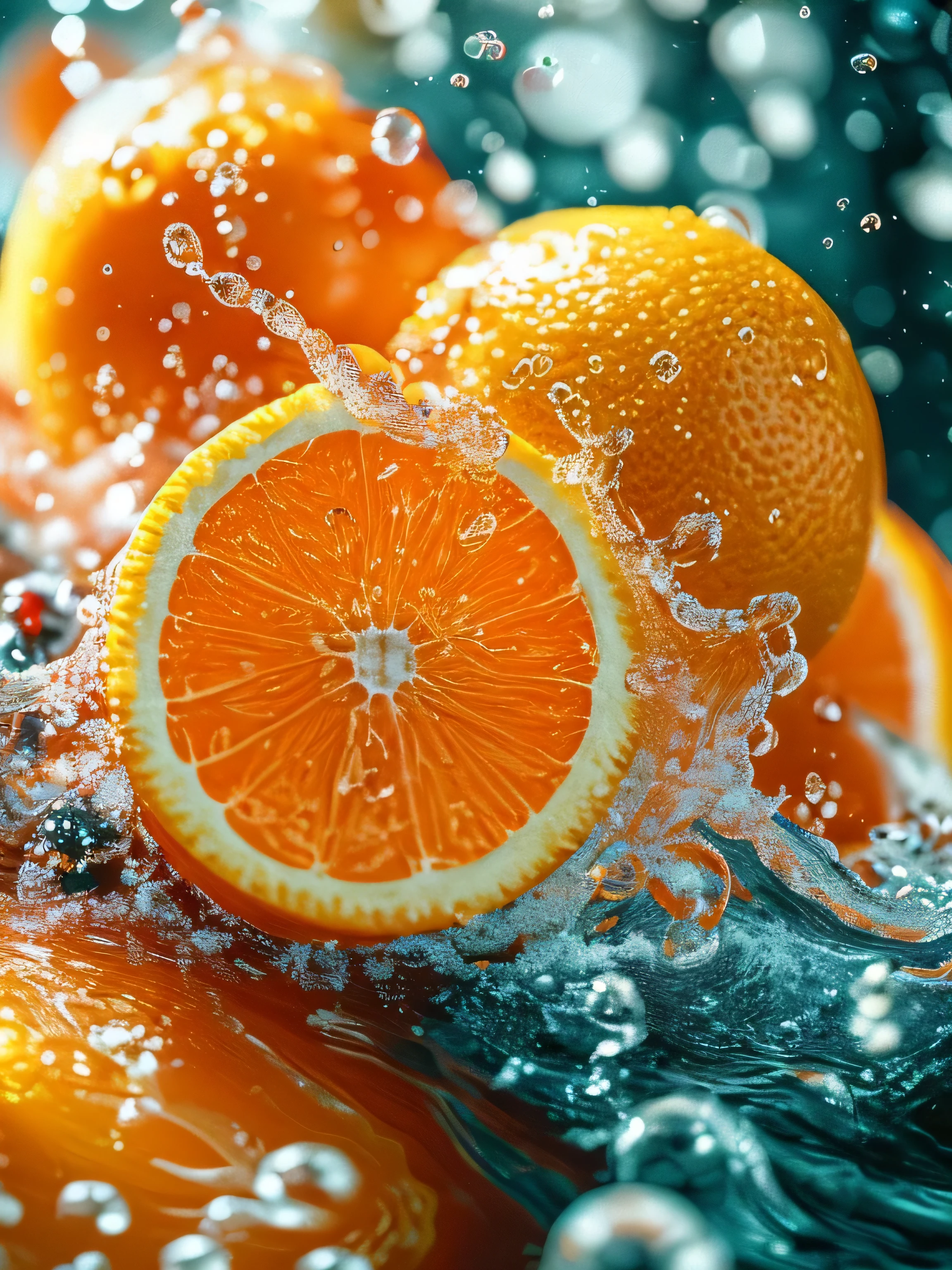 Real photography of 3 oranges falling into water and splashing with water droplets. Commercial advertising style, macro shot, background, warm lighting, cool colors creating splash effect. The cherry is dotted with white light spots, and the cherry falls from above, forming a splashing liquid water ball. HD photography quality.