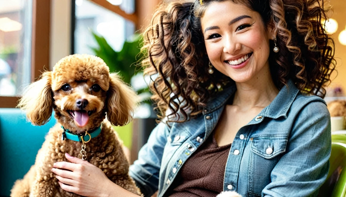 Interior of a dog cafe, young woman sitting with a toy poodle on her lap. The woman is gently petting the poodle and smiling warmly. Soft natural lighting, cozy atmosphere. Close-up shot focusing on the woman and dog interaction.