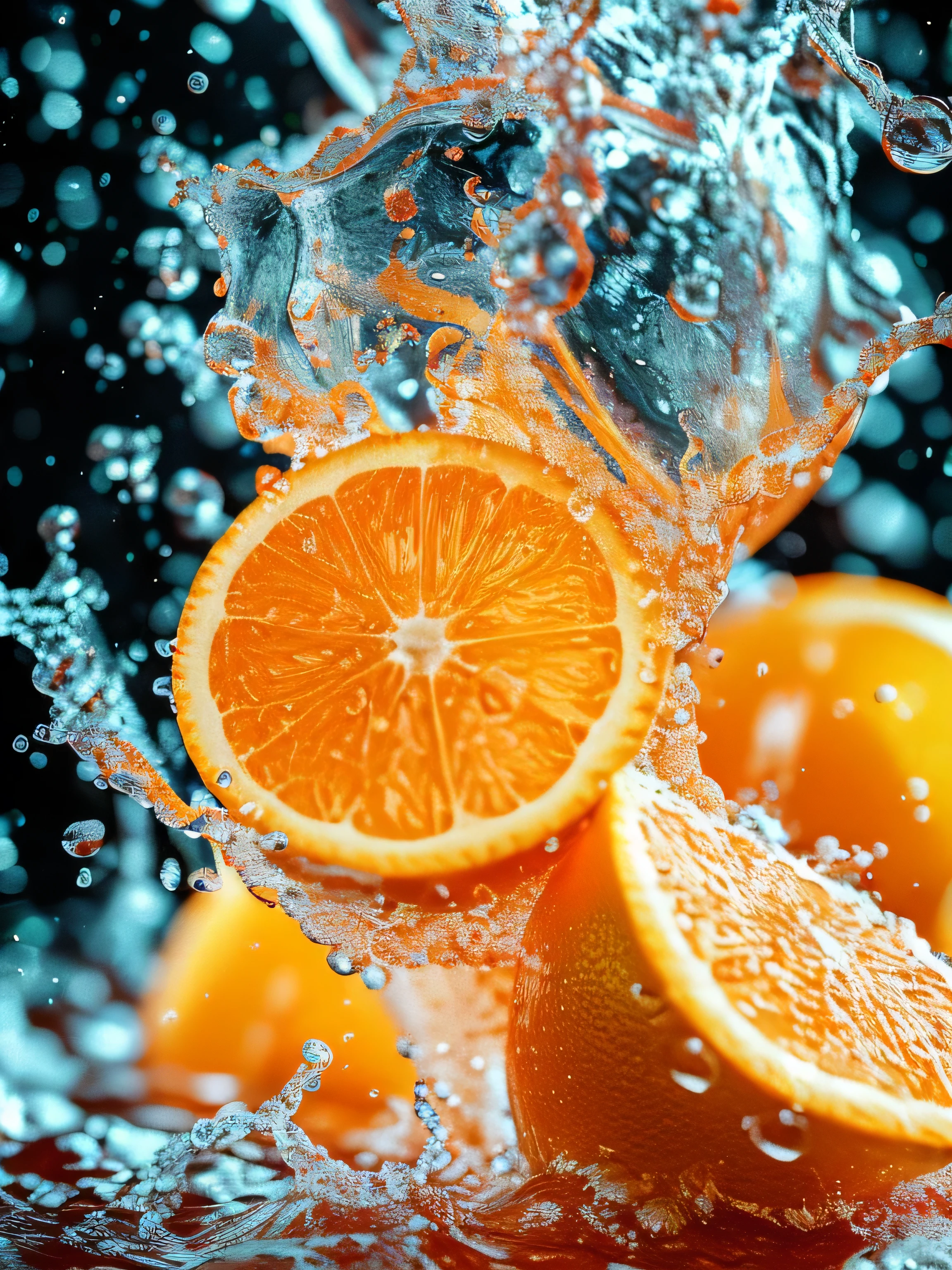 Real photography of 3 oranges falling into water and splashing with water droplets. Commercial advertising style, macro shot, background, warm lighting, cool colors creating splash effect. The cherry is dotted with white light spots, and the cherry falls from above, forming a splashing liquid water ball. HD photography quality.