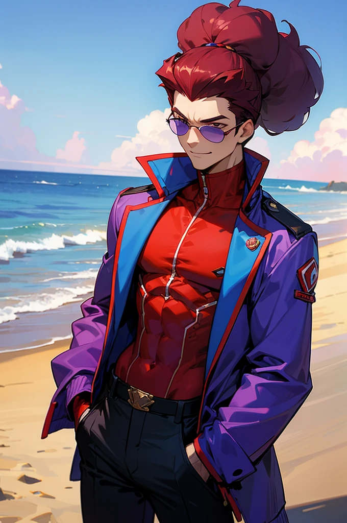 Dark crimson Hair, shades,, Muscular, big afro hair, purple gem on chest, blue and red outfit, smirk, beach background, young. male, upper body, blue jacket, lean build, hair tied in a bun, arms in pockets