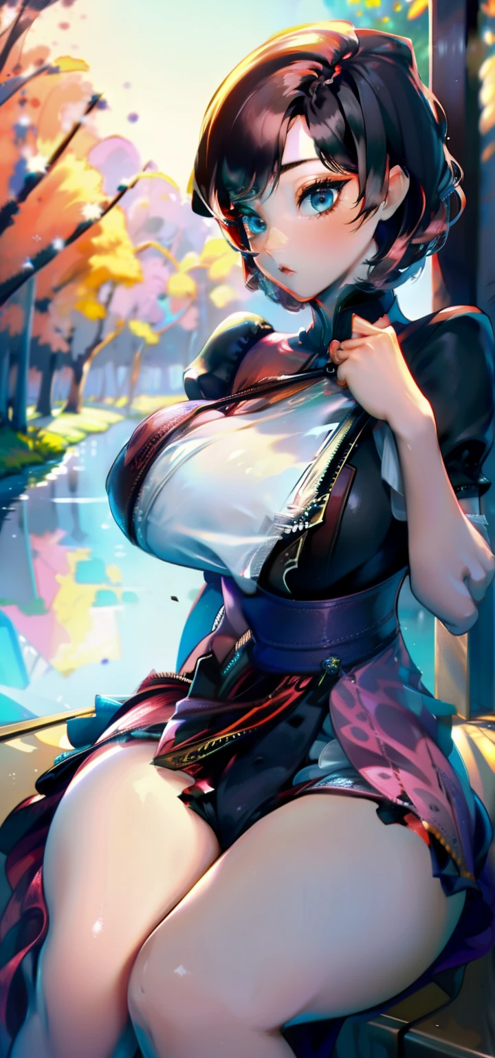 1woman，45 yearsmarried woman，milf，plump，extremely large breast， Alone，（background with：ponds，cherry blossom forest，lotto flower）Lie under water， she has short pink hair，seen from the front，， mostly cloudy sky，（（（Masterpiece），（Highly detailed CG Unity 8k wallpaper），The best quality，cinematic lighting，detailed background，Beautiful detailed eyes，bright pupils，black eyes，Snow white skin，red lip（very fine and beautiful），（Beautiful and detailed description of the eye.），ultra-detailed，Masterpiece，））looking to the camera，A high resolution，ultra-detailed），revealing breasts，Fair genitalia，  bulk，the legs are open，Sexy servant，camel toe，Dissatisfaction desire，Facade，（exhausting：Red sailor uniform，Fair ，）