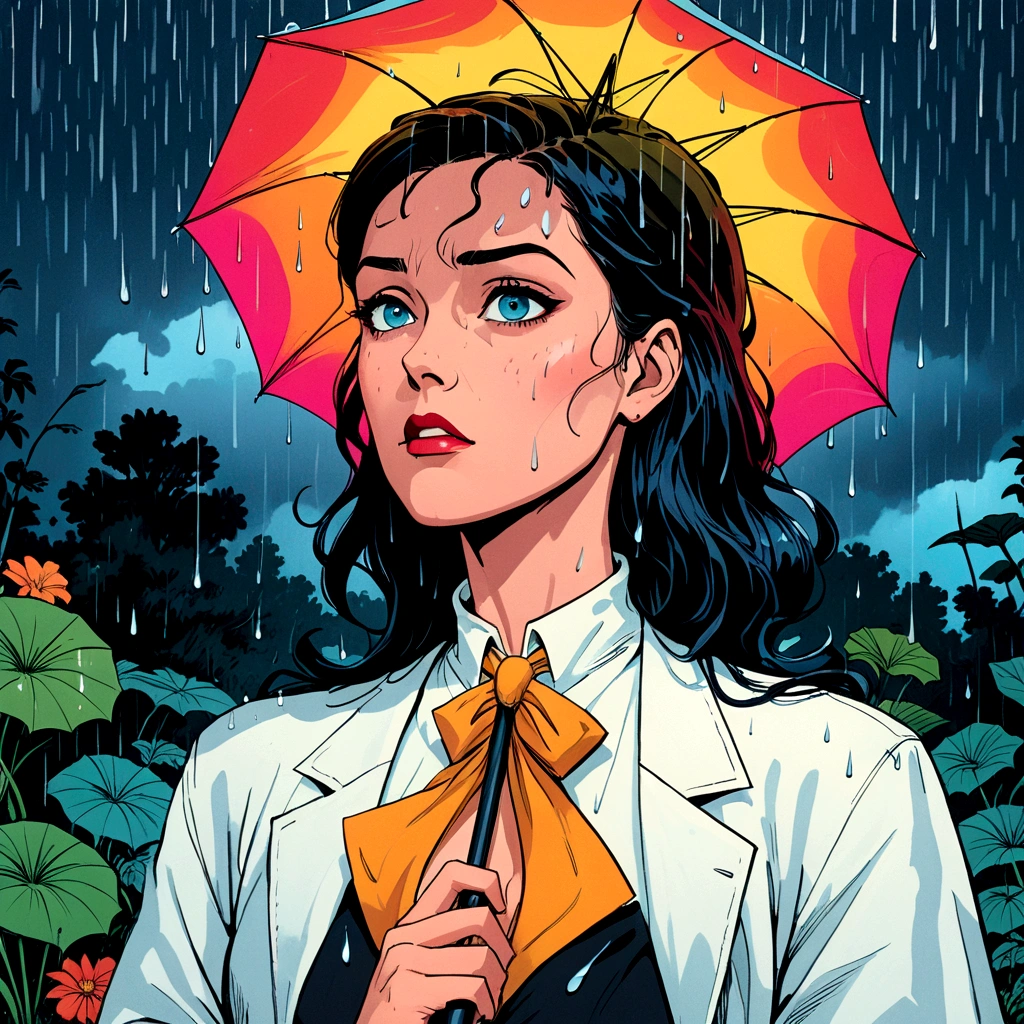 woman holding umbrella, technicolor rain,  uv light face mask, , VHS, glitch, distorted, nostalgia, 90's retro vibes, analog tape, vcr aesthetics, tv, television, 1990's cartoon homage), comic 1990's, animated tv show screengrab, cinematic poster, image within image, multiple exposure, massive scale, rich color grading for shading depth, hand drawn rotoscope cartoon realism, chiaroscuro lighting, mixed media, vintage comic, retro original design, 1990's comic, sense of movement energy, A black and white world, holding umbrella, each drop of rain unleashes a ripple of color, bringing color to this otherwise mundane world, color reverberating out from each raindrop as it makes contact with the ground, subtle coloring to enrich the black and white image, rich color grading, sense of depth, shading and shadows
