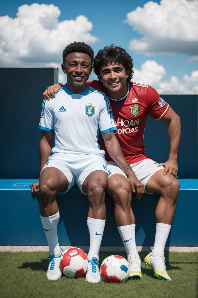 Pelé and Maradona sitting on a cloud, looking and smiling while watching the player Vinícius Junior playing football., UHD, super detail, 8k