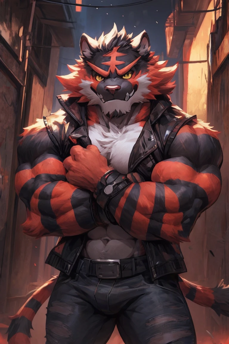 incineroar, furry, male, solo, looking at viewer, bad boy, ultra detailed, front view, hugging pose, (open clothing), punk jacket, tear jeans, abs, pecs. perfect lighting, CG, detailed fur texture, by Pino Daeni, niji. in alley. bust portrait, pants down, black fur, white ears, yellow eyes, white skin, bodybuilder, muscular,
