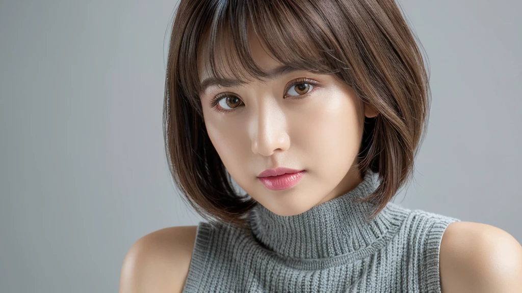 (detailed face),VIVID,normal breasts,pretty,sleeveless and turtle neck white silky Knitted clothes,4k ,super high resolution ,(photo-realistic: 1.7),gray background,bob hair,bangs,