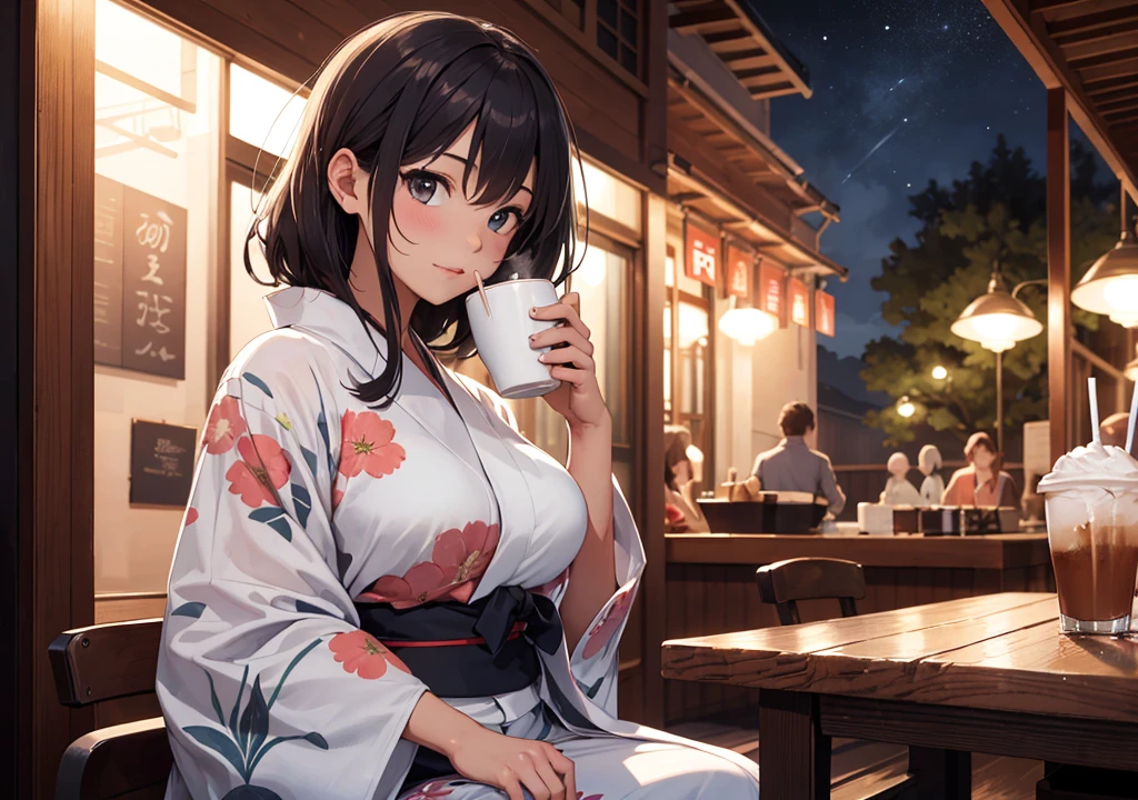 ((Highest quality)), ((masterpiece)), (detailed), One girl, yukata, Drink coffee, night,indoor, Perfect Fingers, Large Breasts