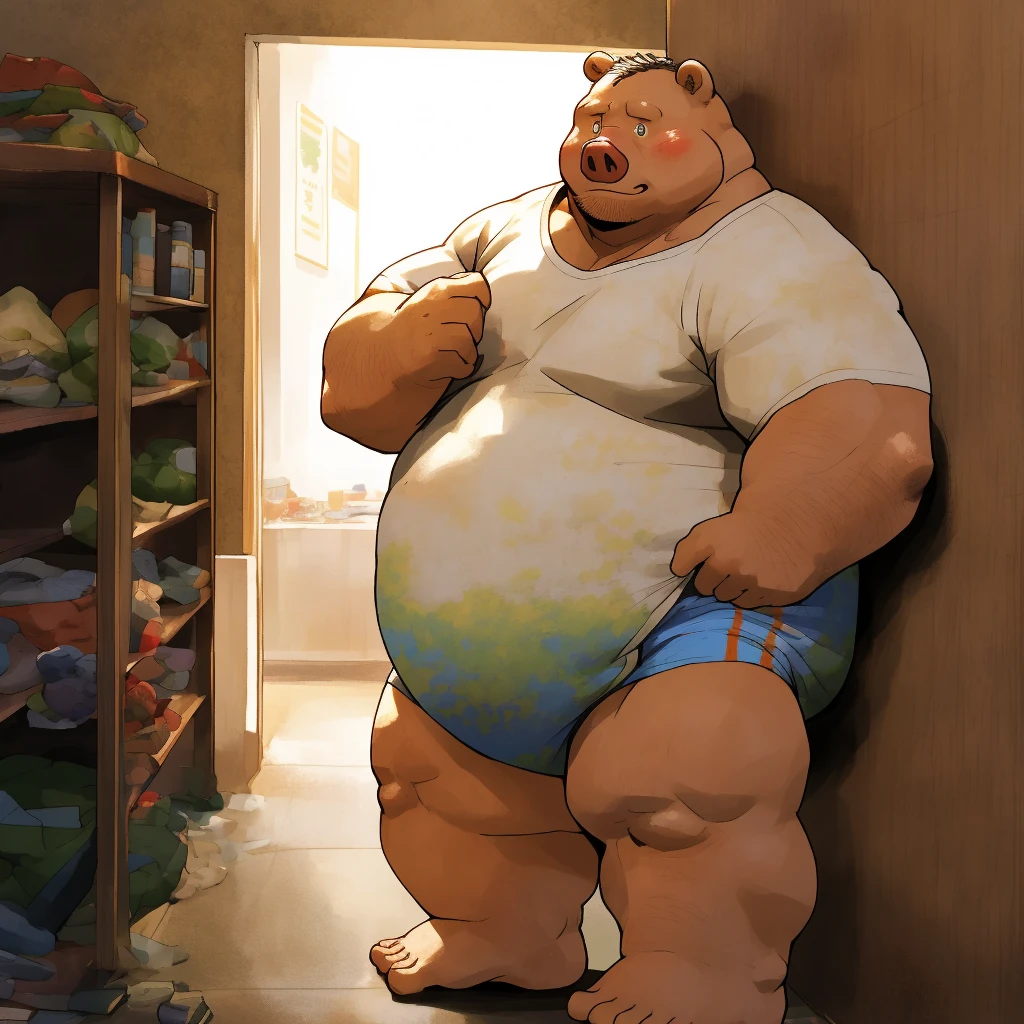 ((masterpiece)),((Hight quality)),((Hught Detailed)),((Realistic,)) Anime Artistic masterpiece art, Morbid Obese Bear kid while Anatomy of character, Hyper obese Furry character, Long shot photo, Real life (Massive, hairy) Obese citizen (massive obese, hairy, incredibly big looking), Anatomy of character, He is a fattening pig boy in which he has spent his entire life fattening up for a really fat pig contest, when it is his turn he goes on stage to be judged and awarded as the biggest and fattest pig in the world, His testicles and penis also grew and became fat along with his body, reaching a large size. He he is trying to show his muscles Obra maestra, Superior quality, en 32K, perfect anatomy, hyper detailed, super fine illustration, The fat man is a brutal prisoner., delayed, furry, human, 50 years in Japan, (fat: 1.0), fatty muscle, Bowleg, disappointment, Incontinent, be diaper control by children, There is a small puddle under it., naked, short legs, Bowleg, legs open, use a white cloth diaper, vientre naked, bare legs, barefoot, Bare soles, shirtless, wide forehead and short thin hair, Hombre con round face con barba incipiente, barefoot, Bare soles, shy, Marica, Weaker than children, Babear, round face, He enters kindergarten and is despised by the children., They force him to stand firm in a corner of the game room., corner time, He surrounded by children., barefoot, big butt, white diaper, sobbing, There is a small puddle under it.