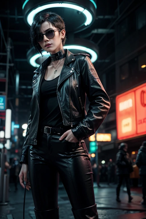 Crie a Molly, from the book Neuromancer, cyberpunk, short black hair, sunglasses, white undershirt, black leather pants, leather boot, in a city with neon