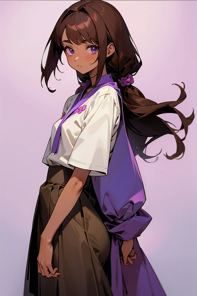 Anime style girl with purple details brown hair , brown skin tone