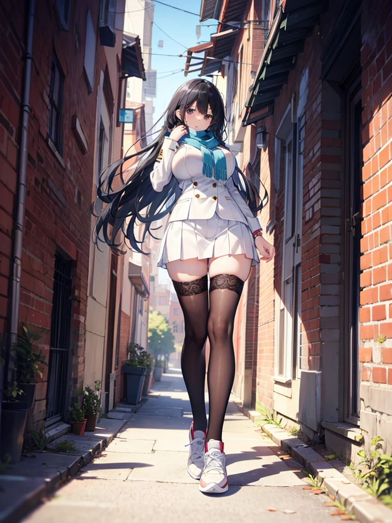 1girl,,legwear,,anklet,black hair,straight_hair,hime cut,long hair,sneakers,huge filesize,scarf,Uniforms,lace,student,big breasts