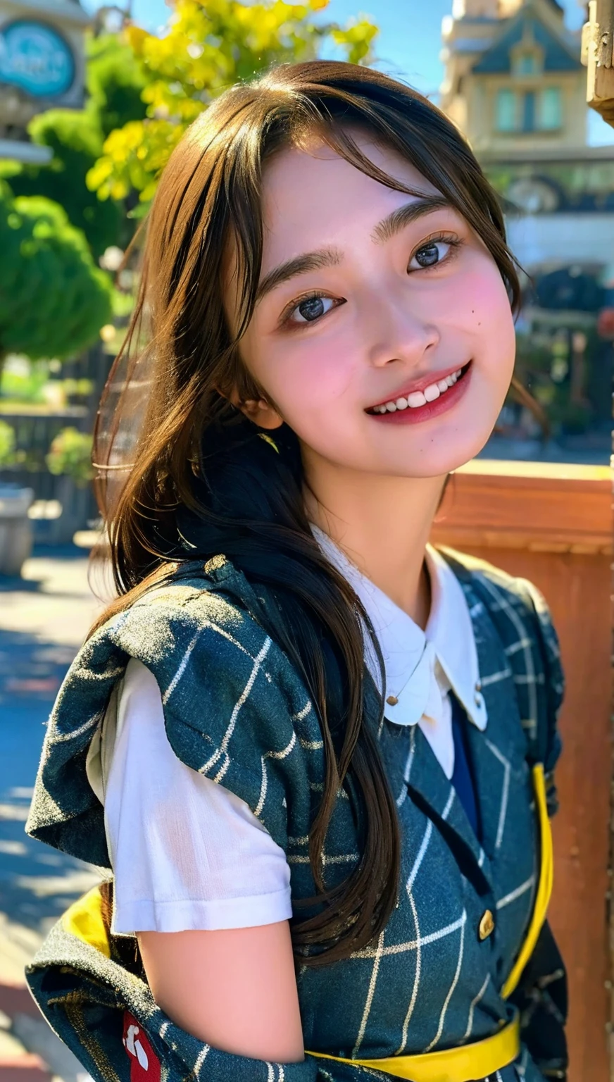 (photorealistic:1.4), best quality, masterpiece, raw 32k photo, (extremely detailed japanese beautiful girl), (extremely detailed eyes:1.2),(baby face), (cute face:1.2), ultra-detailed, ultra high res, amazing, BREAK,standing,
(school uniform:1.5),detailed school girl, (disneyland:1.4), beautiful detailed girl, bangs, cute face, miniskirt