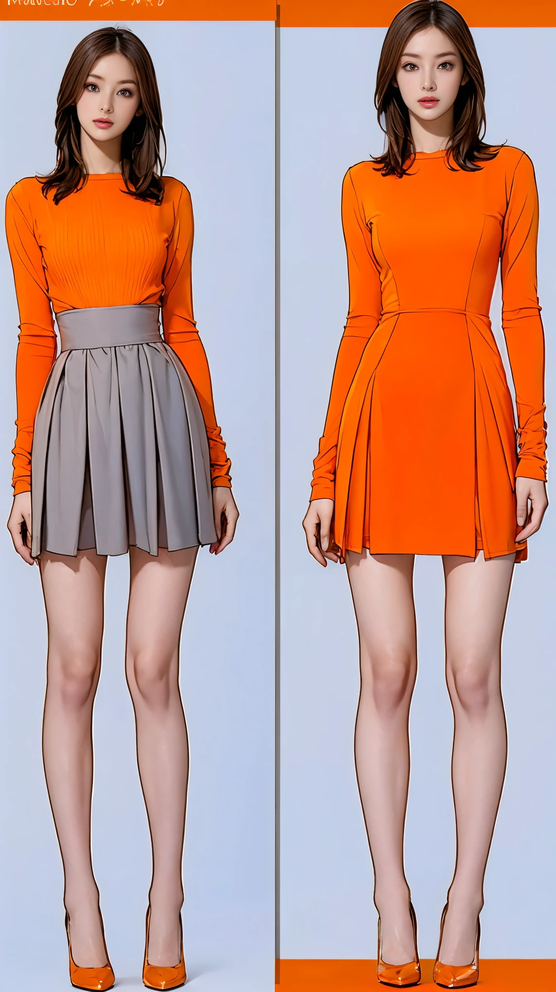 ((masterpiece)),(((Highest quality))),((Character design sheet)),Thin thighs,There are women，Fair skin，flash orange dress:1.5，High heels，Long legs:1.5，Bright and beautiful，high waist，Flashy makeup using red eyeshadow，Gray background